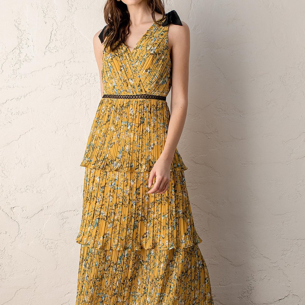 NWT - Lulus Such Sophistication Yellow Floral Print Pleated Cocktail Dress XL